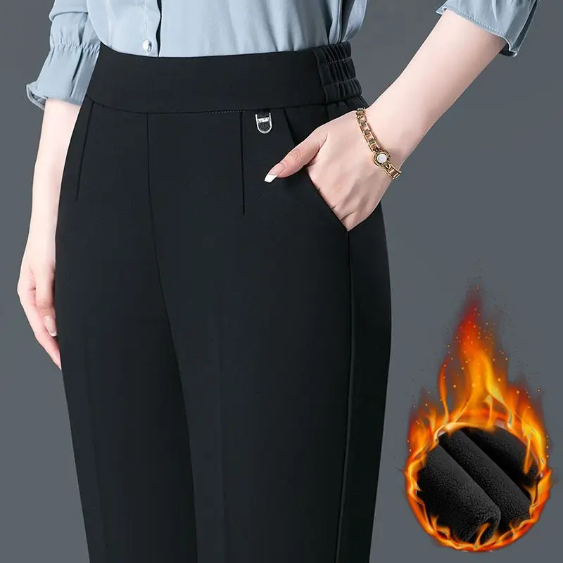 Temperament Casual Autumn Winter Plus Velvet Thicken Pants New Women Solid Pockets Elastic High Waist Fashion Straight Trousers 3