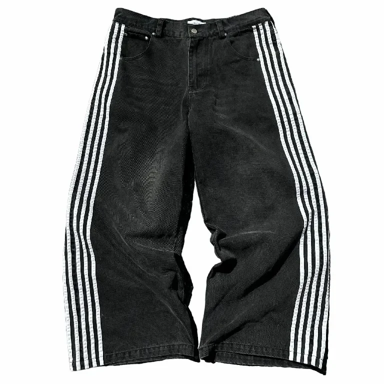 Streetwear Hwc Jeans Y2K Harajuku Hip Hop Striped Baggy Jeans Black Pants Mens Womens New High Waisted Wide Leg Trousers Clothes 2
