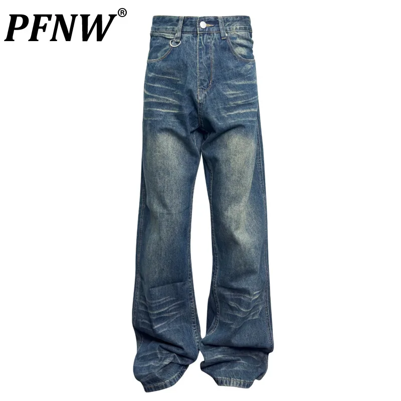 

PFNW Washed Stripe Men's Jeans Gradient Color Straight Large Pocket Male Wide Leg Denim Trousers Spring 2024 New Trend 28W2600