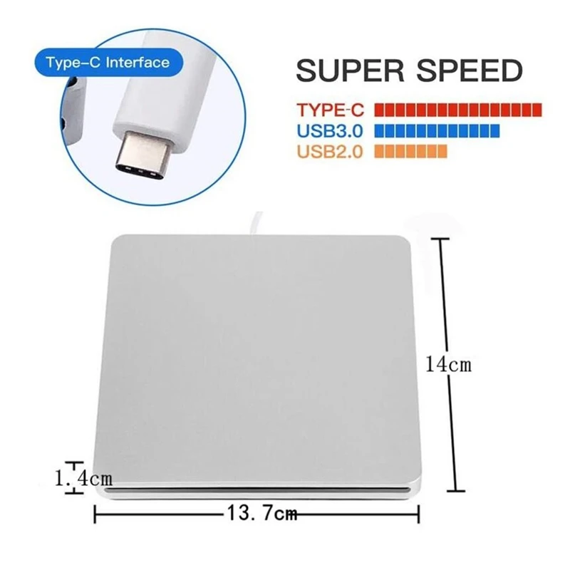 External USB C CD DVD Drive,Portable Type-C Smart Contact Button Slot-In CD DVD Burner Player Writer For Desktop(Silver)