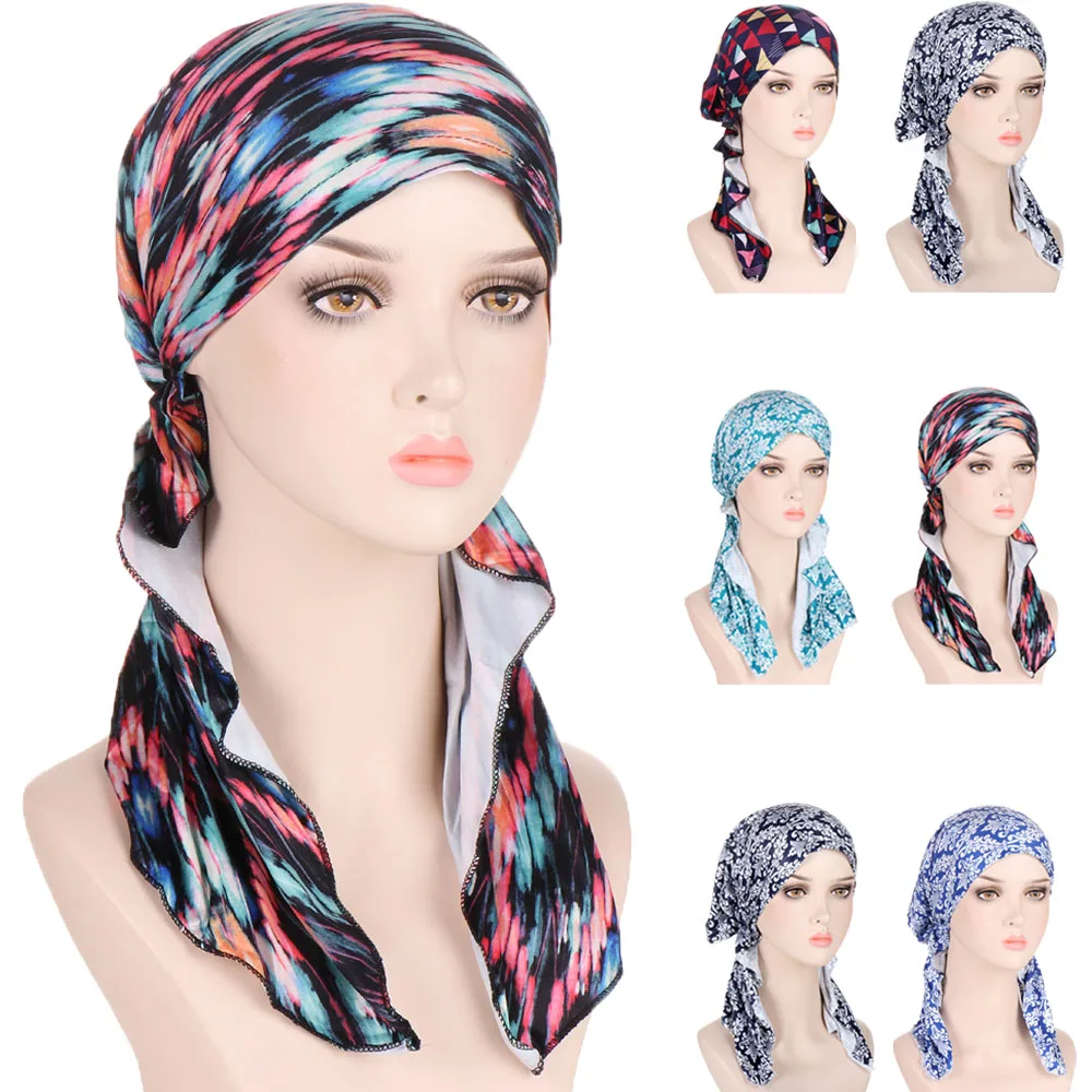 

Muslim Women Printed Pre-tied Headscarf Elastic Female Turban Cancer Chemo Hat Hair Loss Cover Head Wrap Headwear Stretch Bandan