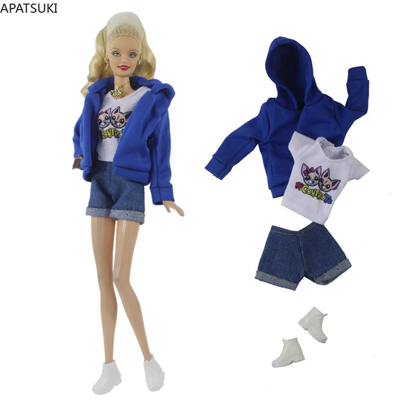 Blue Kitty Cat Clothes Set Per Barbie Doll White T-Shirt Denim Pantaloni Corti Felpe Con Cappuccio Scarpe Abiti Per Barbie Doll 1/6 Accessori