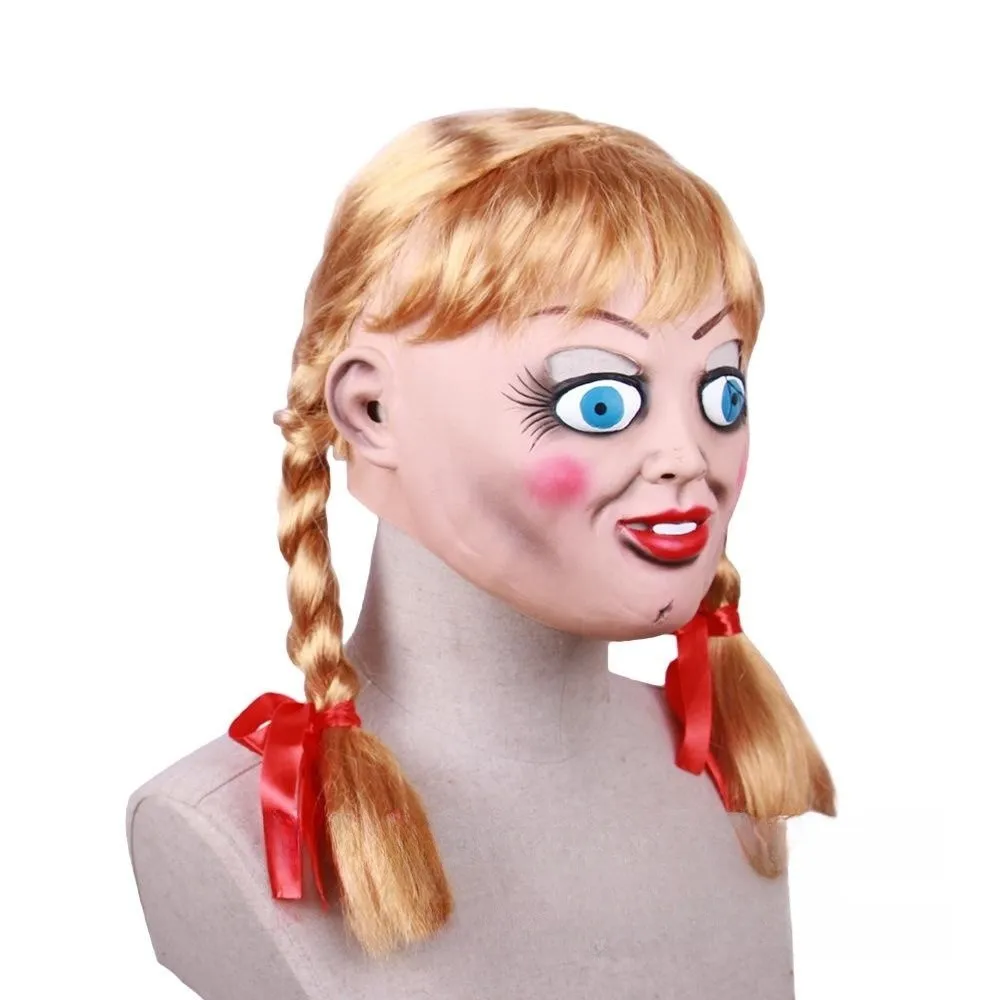 Annabelle Doll Mask Cosplay Horror Movie The Conjuring Full Face Latex Helmet Scary Headwear Halloween Masquerade Party Costume