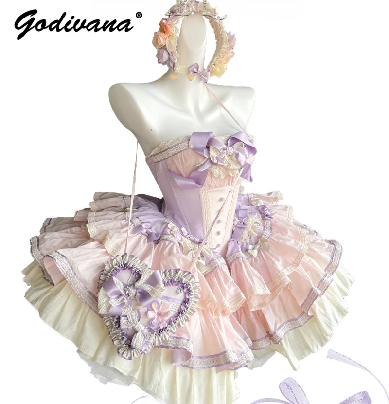 

Purple Pink Bow Lolita Princess Pettiskirt New 2024 Girl Women's Sweet Tube Top Strapless Ruffled Lace Bow Short Dresses