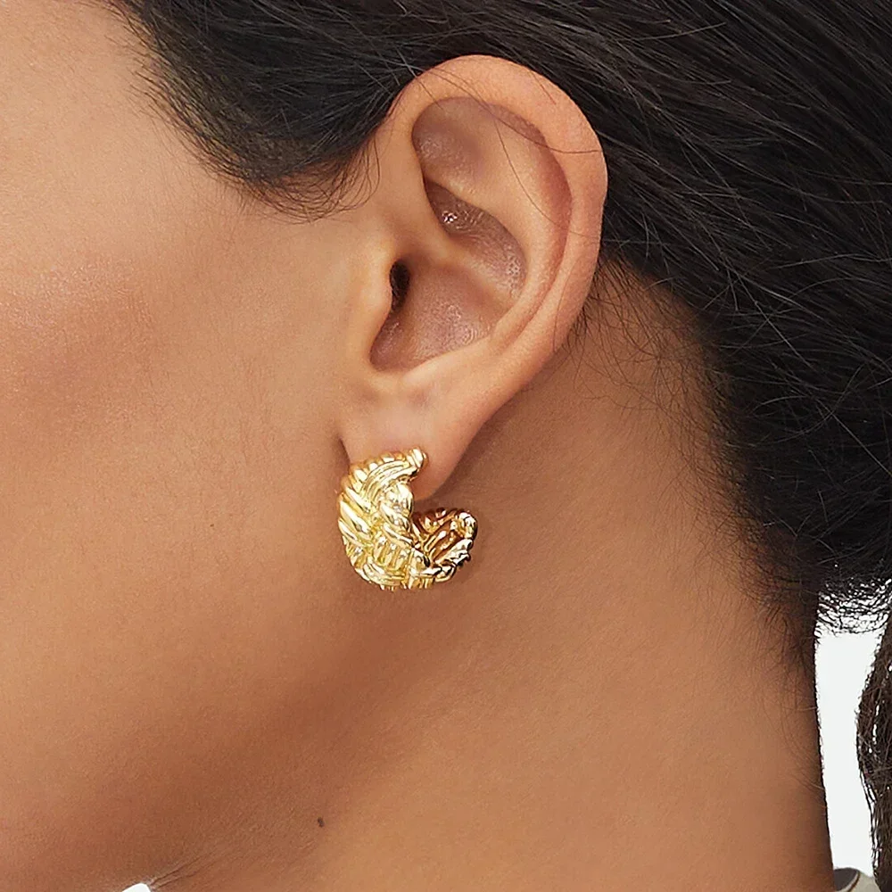 Stainless Steel Striped C Shape Huggie Hoop Earrings Women Sleek Metal Gold Color Twist Hoops Statement Ear Buckle Retro Jewelry