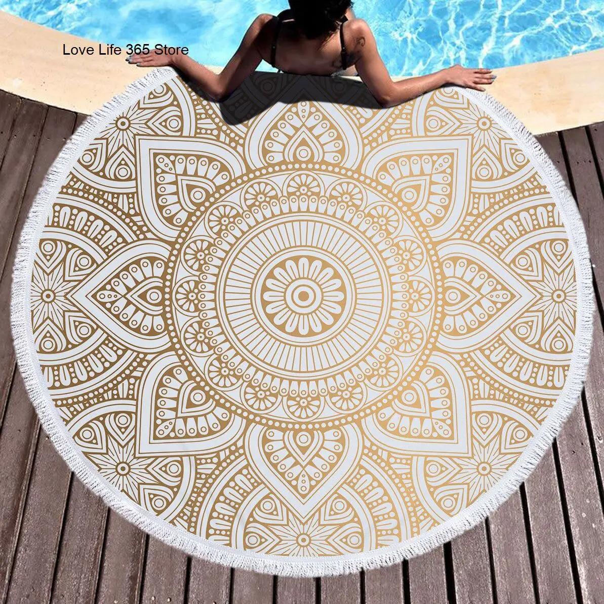 

Golden Mandala Microfiber Round Beach Towel Circular Bath Towel Datura Printed With Tassel For Camping Swimming Picnic Party