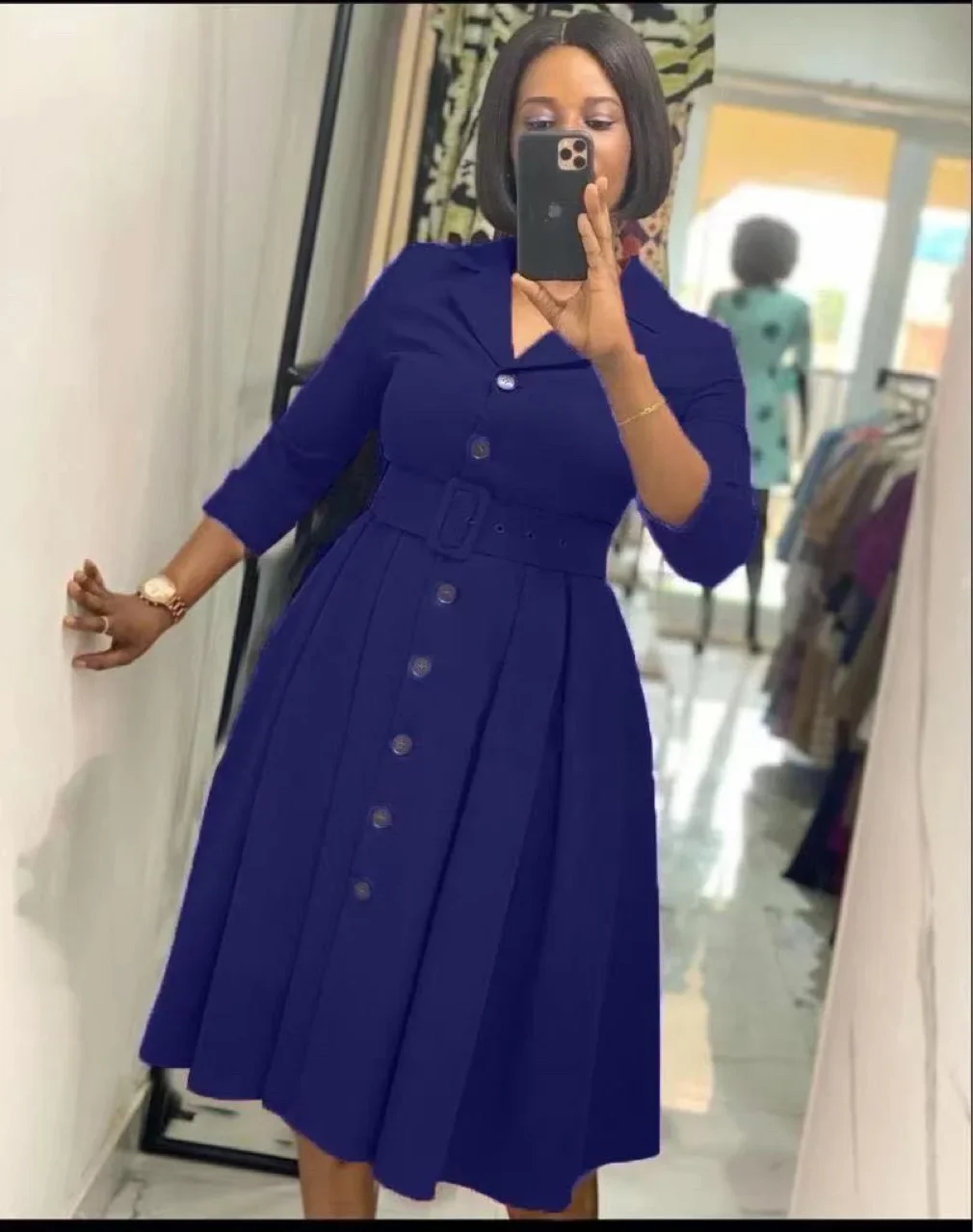 African Dress for Women Spring Autumn V-neck Polyester Solid Color Knee-length