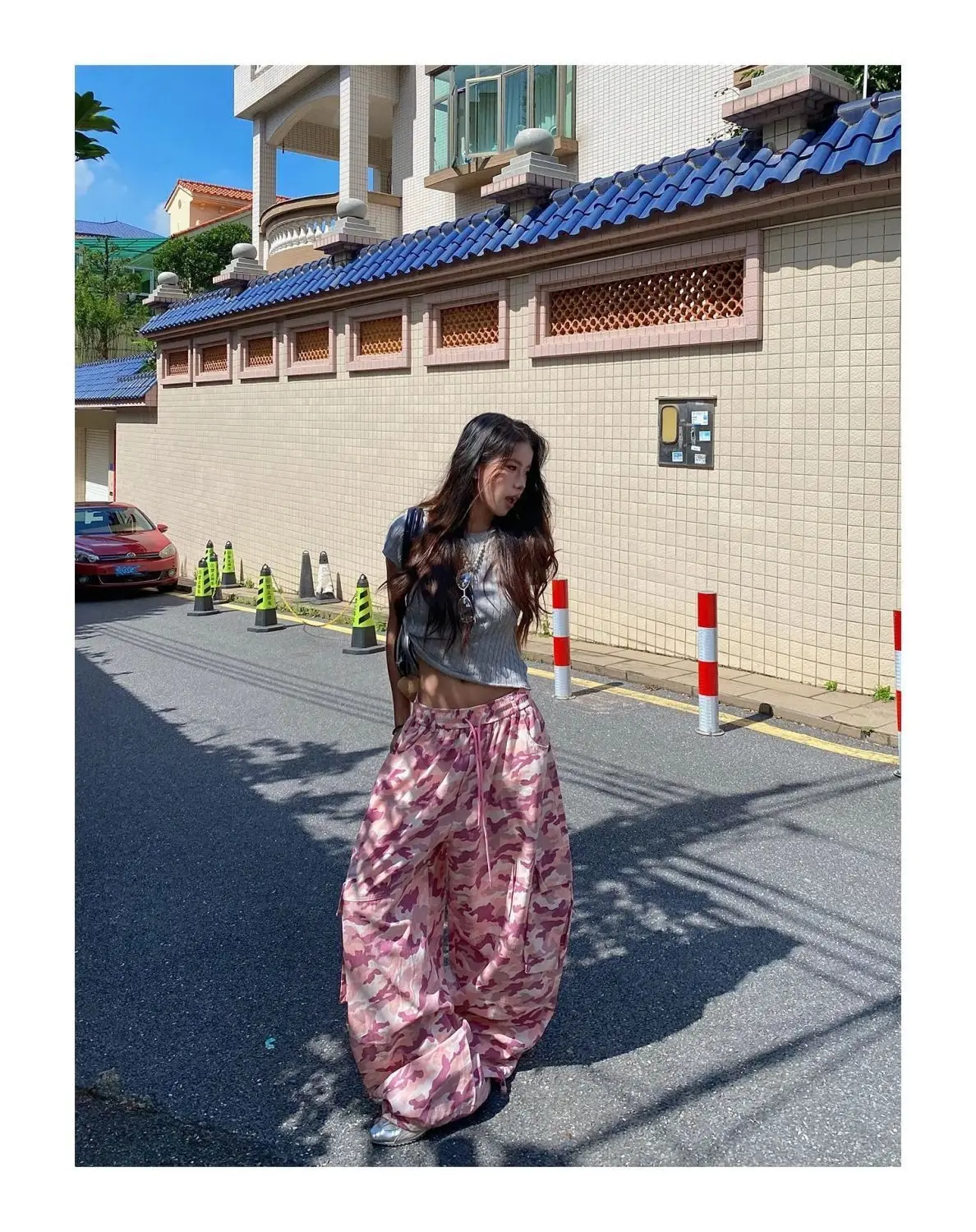 Unique Pink Camouflage Cargo Pants High Waisted Wide Leg Casual Streetwear with Drawstring Waist & Side Pockets Hip Hop Dance