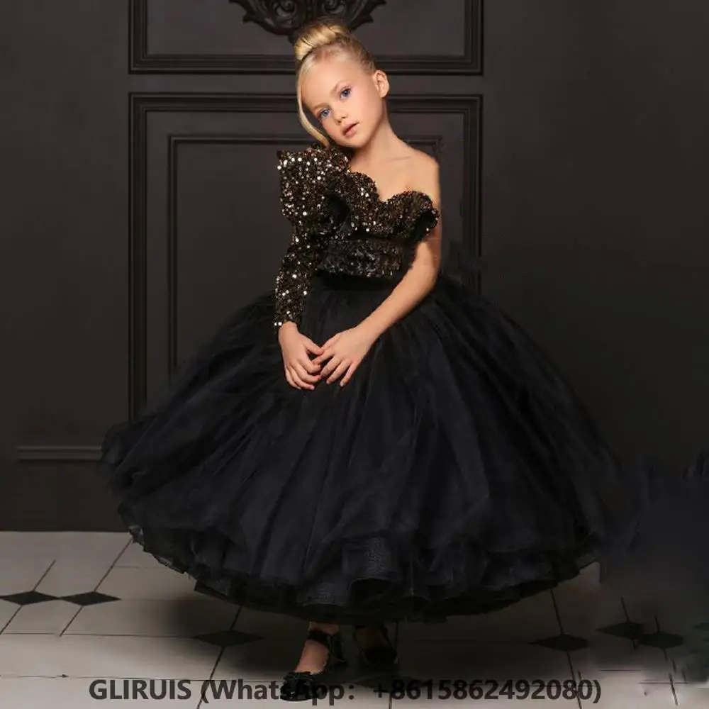 Black Flower Girl Dress with Gold Sequin Top One Shoulder Puffy Floor Length First Communion Dresses Wedding Party Gown