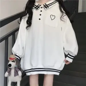 

Japanese Sailor Collar Heart Kawaii White Sweatshirt Hoodies Women Navy Autumn 2021 Korean Oversized Cute Tops Alt Clothes Sweet