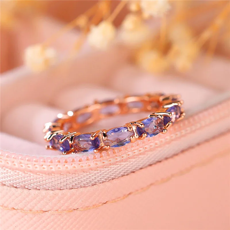 Charm Female Purple Oval Zircon Stone Engagement Ring Rose Gold Color Summer Wedding Jewelry For Women