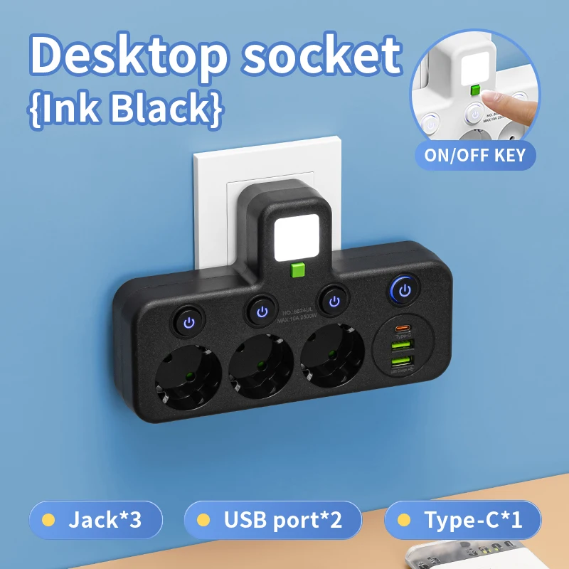 Black 3 Sockets USB
