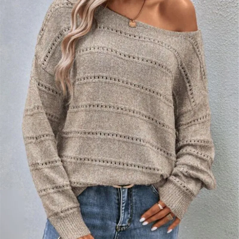 

Fashionable Women's Autumn And Winter New Pullover Long Sleeved Knitted Sweater Elegant Women's Solid Round Neck Hollow Sweater