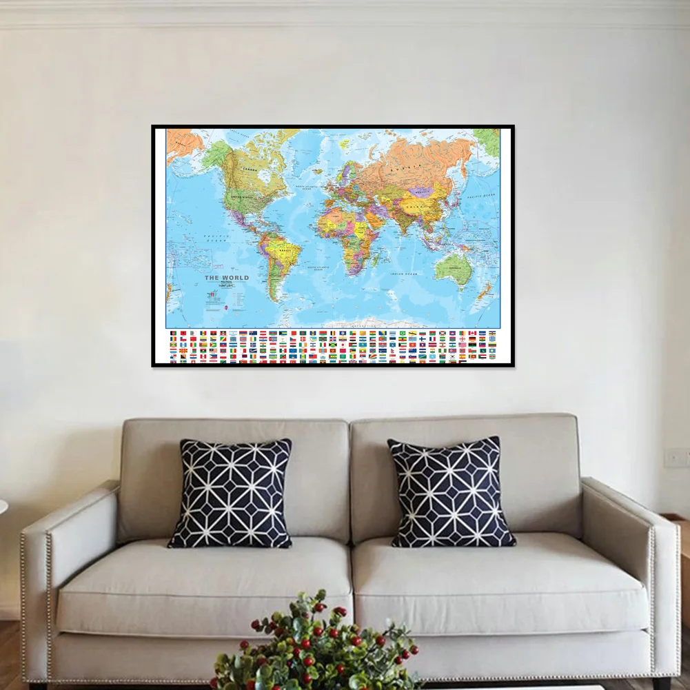 90*60cm The World Map Canvas Painting Posters and Prints Wall Decorative Hanging Picture Office School Supplies Home Decor