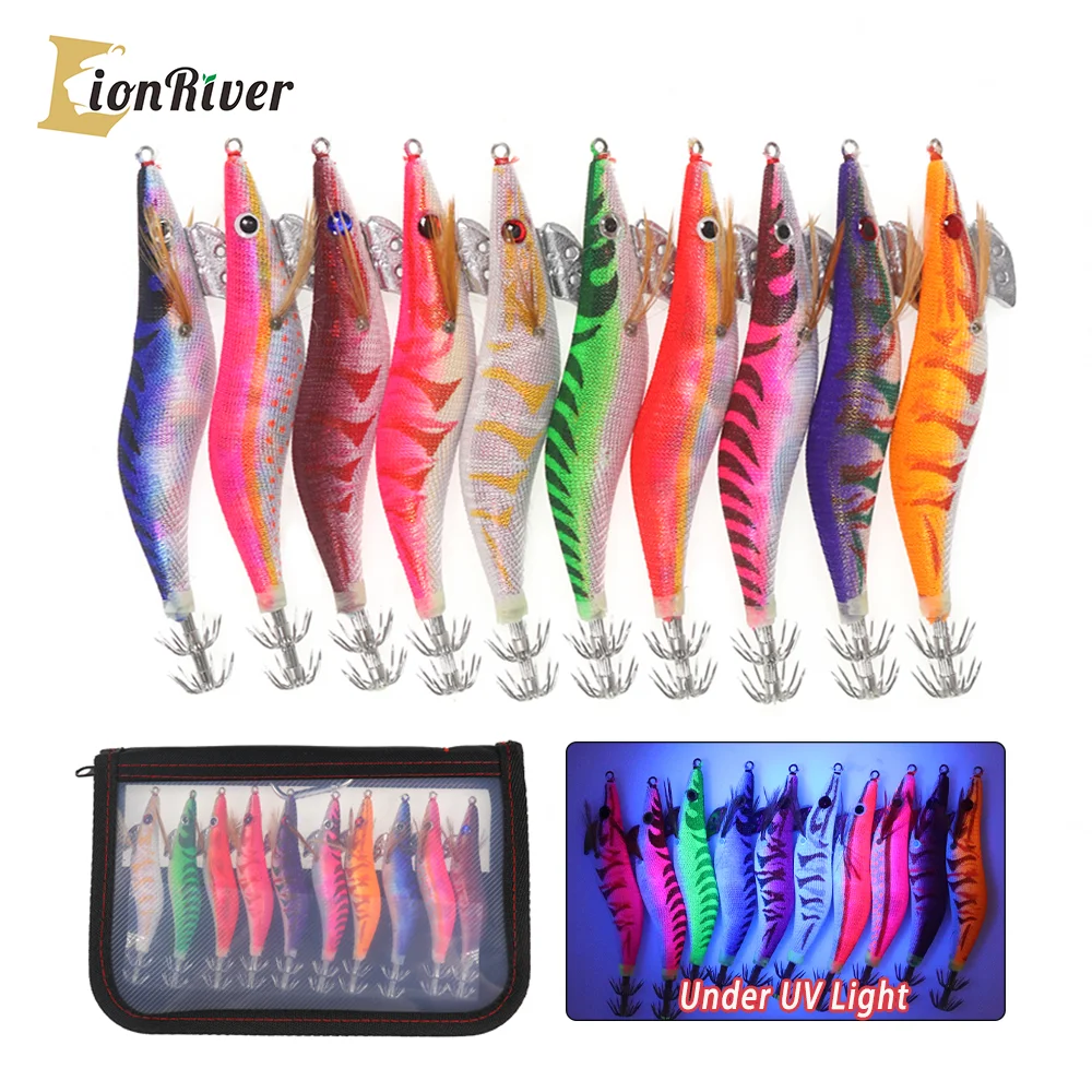 

LIONRIVER Wooden Shrimp Fishing Lure Squid Jig Hook 3D Eyes Luminous Lures Octopus Cuttlefish Saltwater Freshwater Fishing Baits