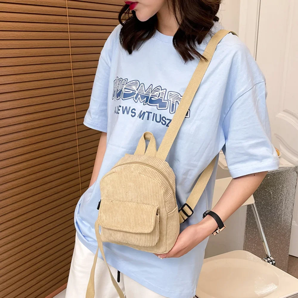 Vegan Corduroy Mini Backpack Women Small Minimalist Vintage Daypack Student Versatile School Bags Girls Travel Pack Rucksack