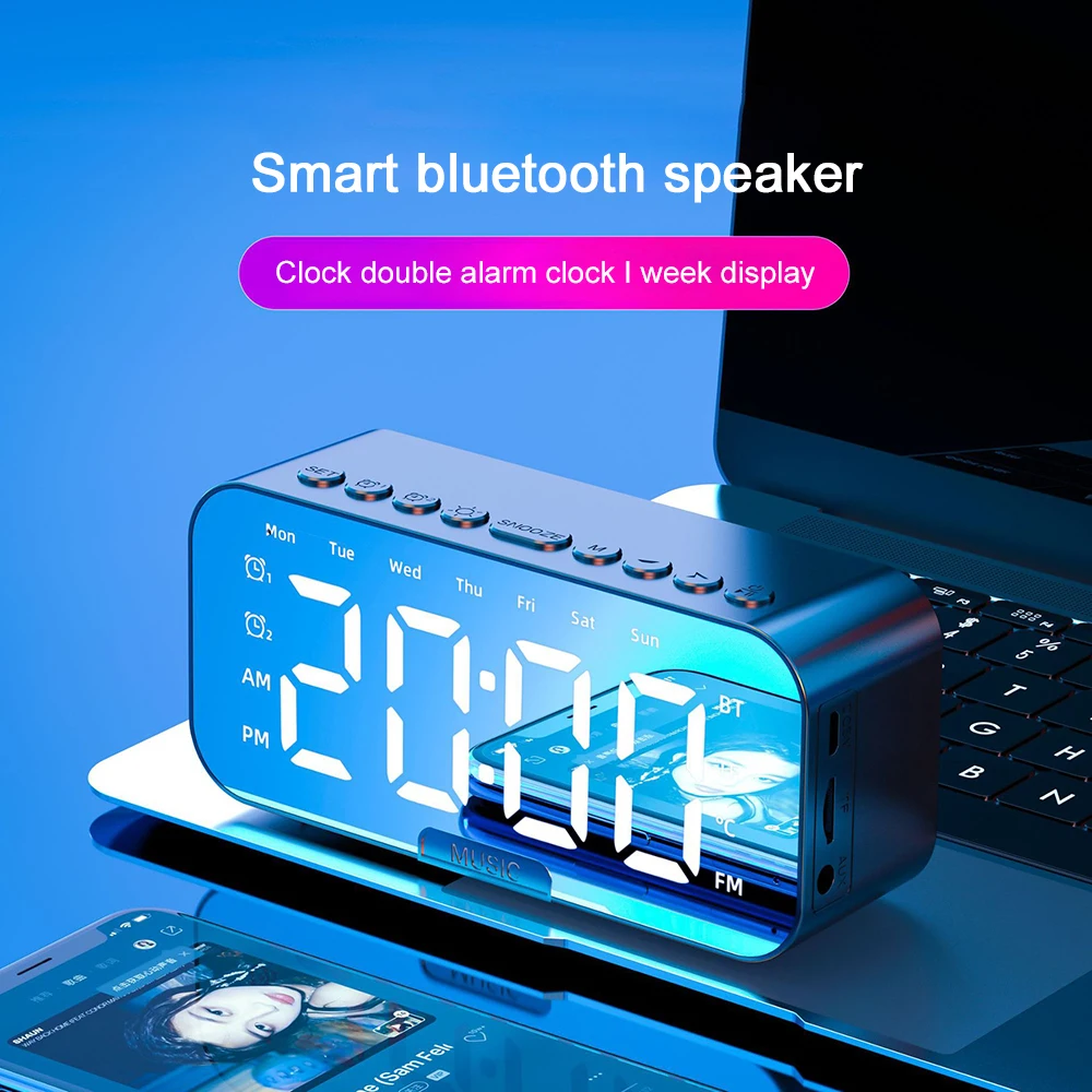 

Bluetooth-динамик с большим светодиодным цифровым дисплеем и будильником, умный динамик с ии, FM-радио, держатель для телефона, мини Bluetooth-динамик