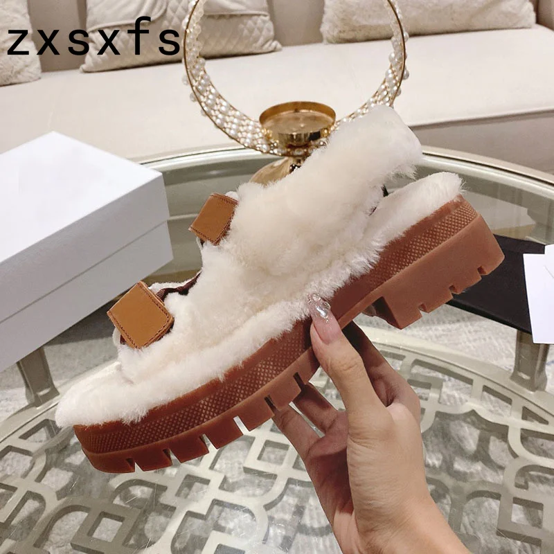 

Summer Flat Wool Platform Slippers Women Autumn Open Toe Sandals Thick Sole Fur Shoes Woman Fashion Summer Flat Sandalias Mujer