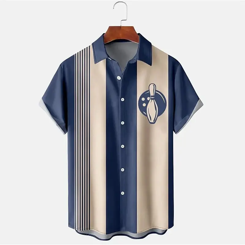 Men's Shirt Stripe Pattern Print Bowling Cuff Outdoor Street Short Sleeve Button Up Clothing Sports Fashion Streetwear Designer