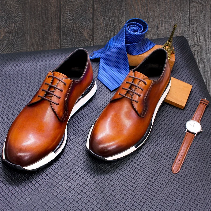 Men's Genuine Leather Shoes Anti-Slip Casual Sneakers Glossy Breathable Lace-Up Men's Wedding High-end Wedding Men's Shoes 2