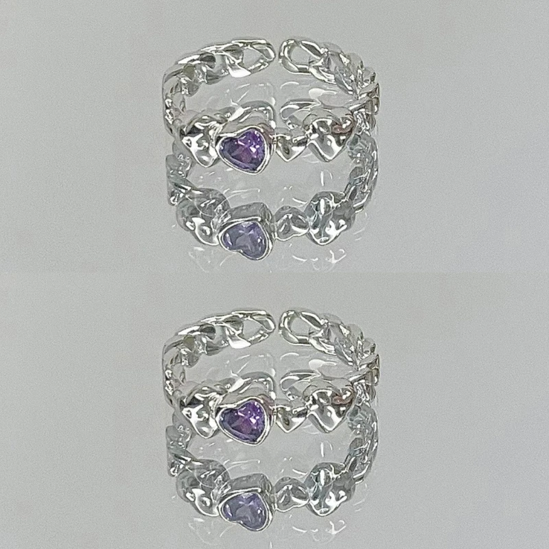 4XBF Set of 2 Purple  Adjustable Open Rings Engagement Rings Y2K Adjustable Rings Alloy Material Aesthetic Jewelry 5