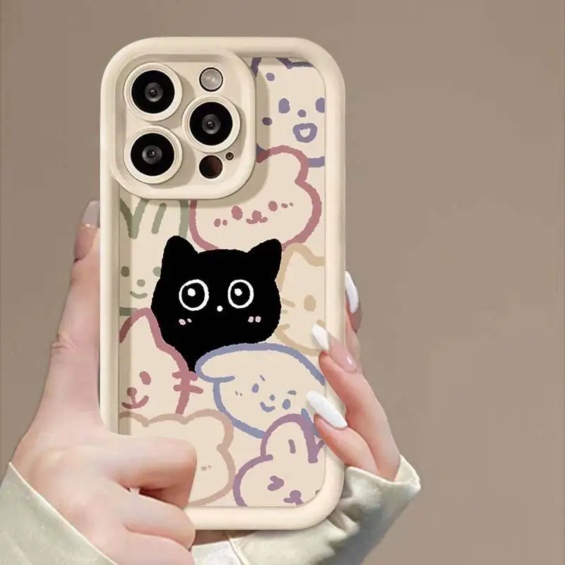 Adorable Black Cat Couple Silicone Soft Phone Case - Y2K Cartoon Design