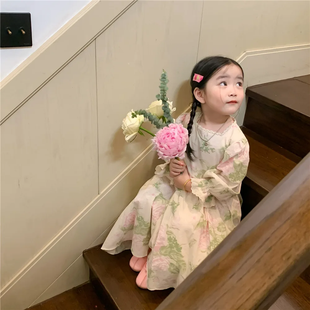 

Детская юбка 2022 Корейская версия весна-осень платье для девочек с цветами длинное платье для девочек с длинным рукавом в западном стиле платье принцессы