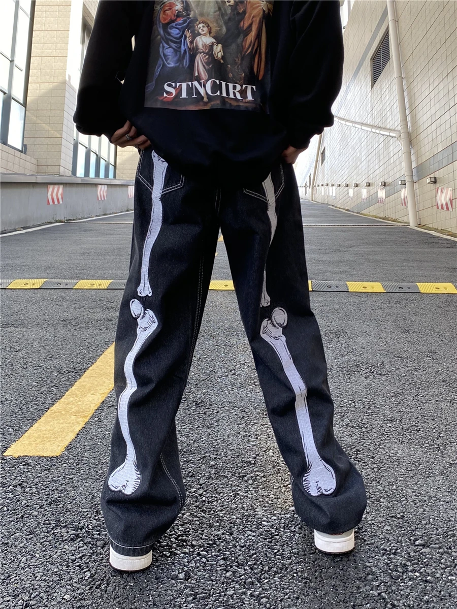 Men's Skull Jeans Y2k Baggy Pants Streetwear Hip Hop Man Printed Trendyol Black Skeleton Trousers Woman Print Casual Vintage