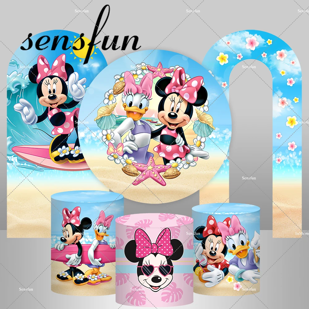 

Summer Beach Surfing Miinnie Daisy Arch Round Backdrop for Girls Birthday Party Decoration Photography Backgrounds Plinth Covers
