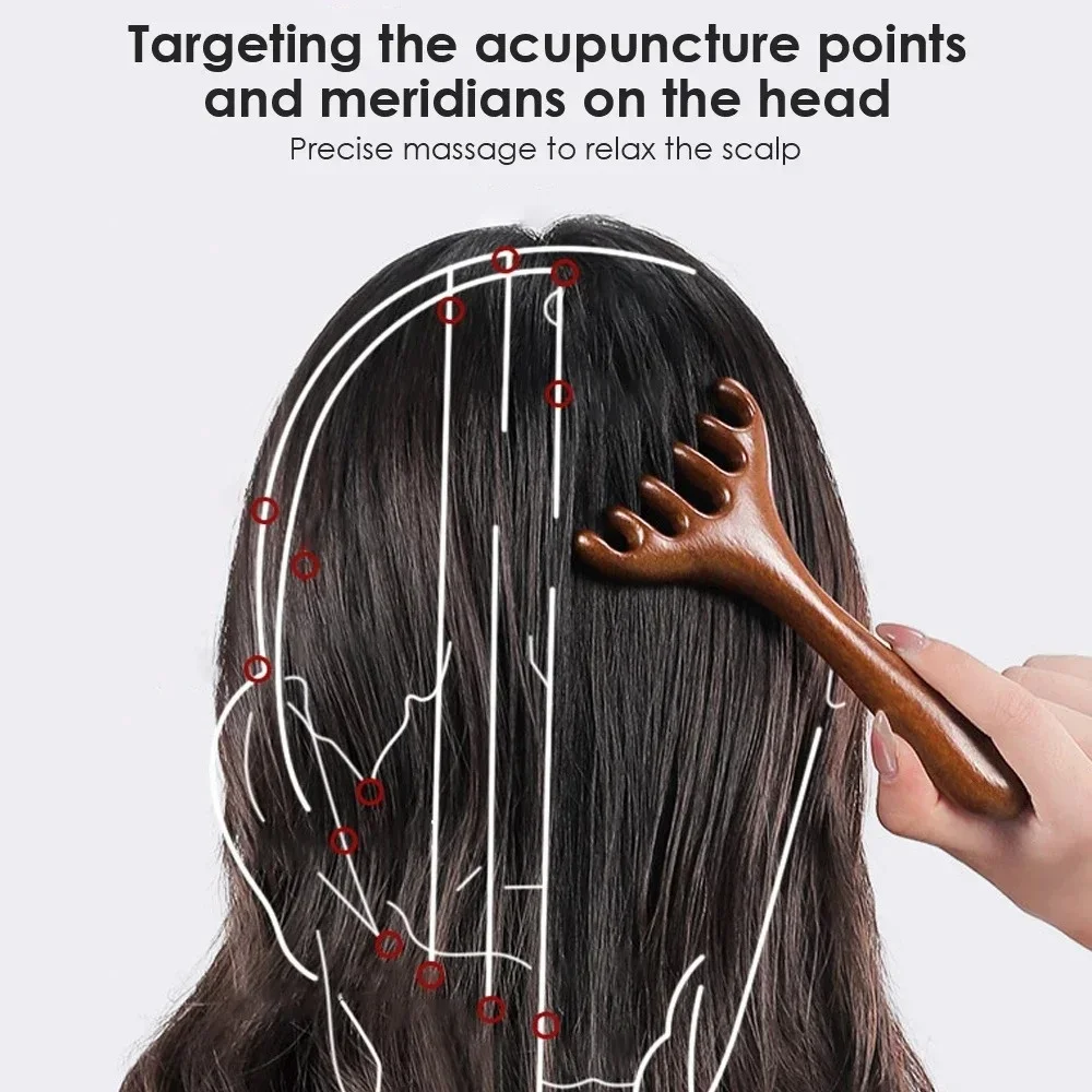 Wooden Meridian Massage Comb Anti-static Six-Claw Head Massager Promote Blood Circulation Body Gua Sha Tools Head Massage Brush