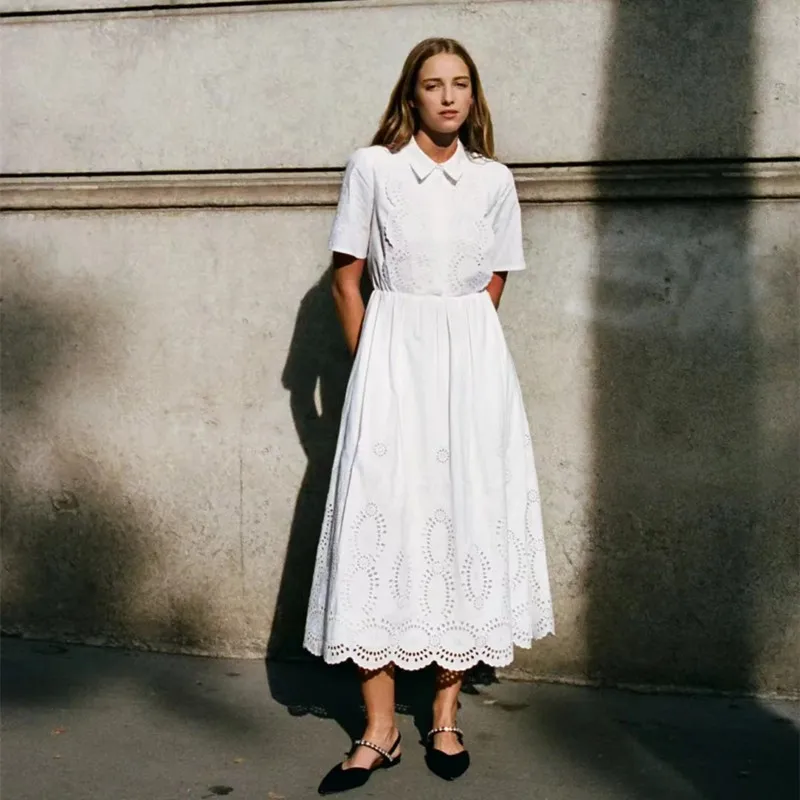 

Women Sweet Hollow Embroidery Pure White Short-sleeved Waist Dress 2023 Spring and Summer New Style