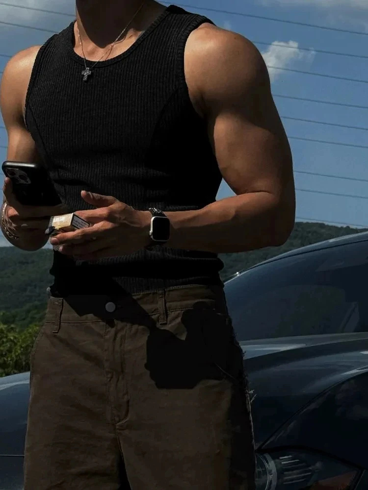 American Sle Slim Fit Tank Top Men Summer Tight Elastic Splice Sport Fitn round Ne Svel oulder Pad Vest