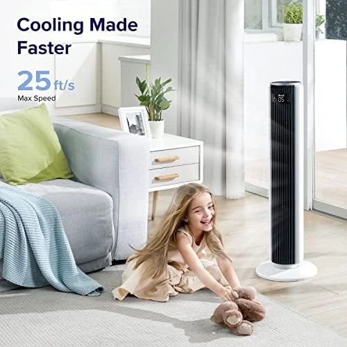 

Fan for Bedroom, 25ft/s Velocity 28dB Cooling Fan with Remote, Bladeless and 90° Oscillating Fan with 5 Speeds, 4 Modes, 12H Ti
