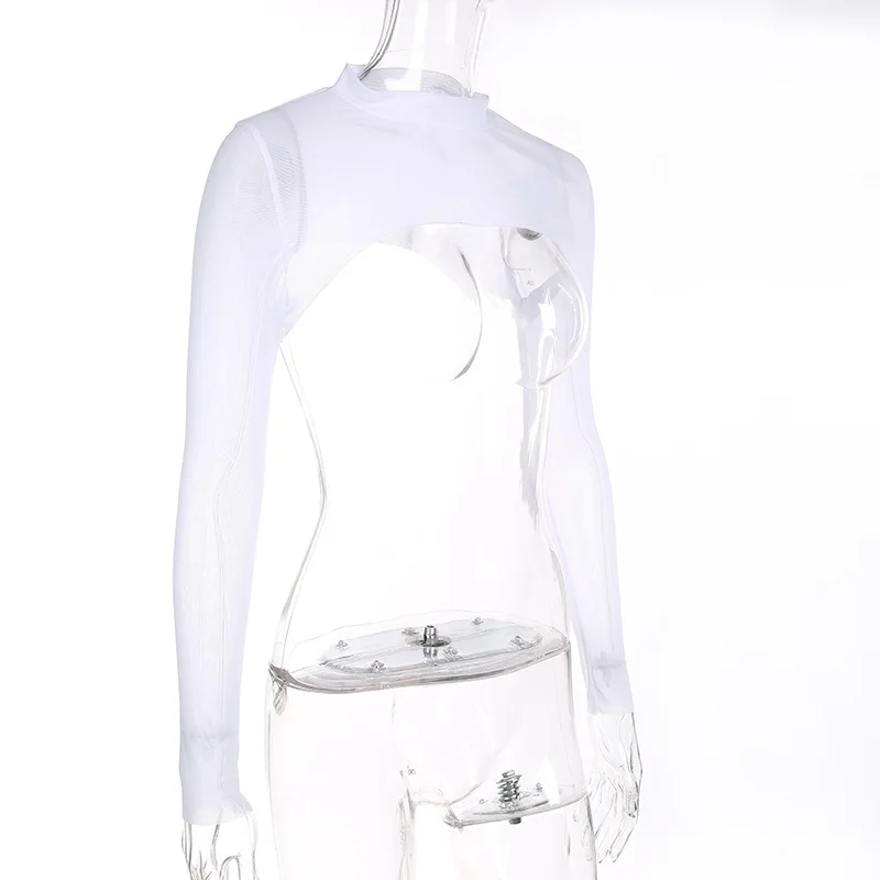 Sexy Women Crop Top Mesh Sleeve T-Shirt Sexy Tops Hollow Out Transparent Tops Ladies T Shirt Black Top Casual T-shirt744_voghion.com