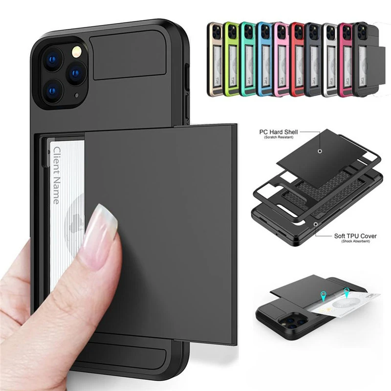 Slide Wallet Credit Card Slot PC Phone Case For iPhone 11 12 13 Pro Max XR XS Max 8 7 Plus Edge TPU Armor Shockproof Back Cover