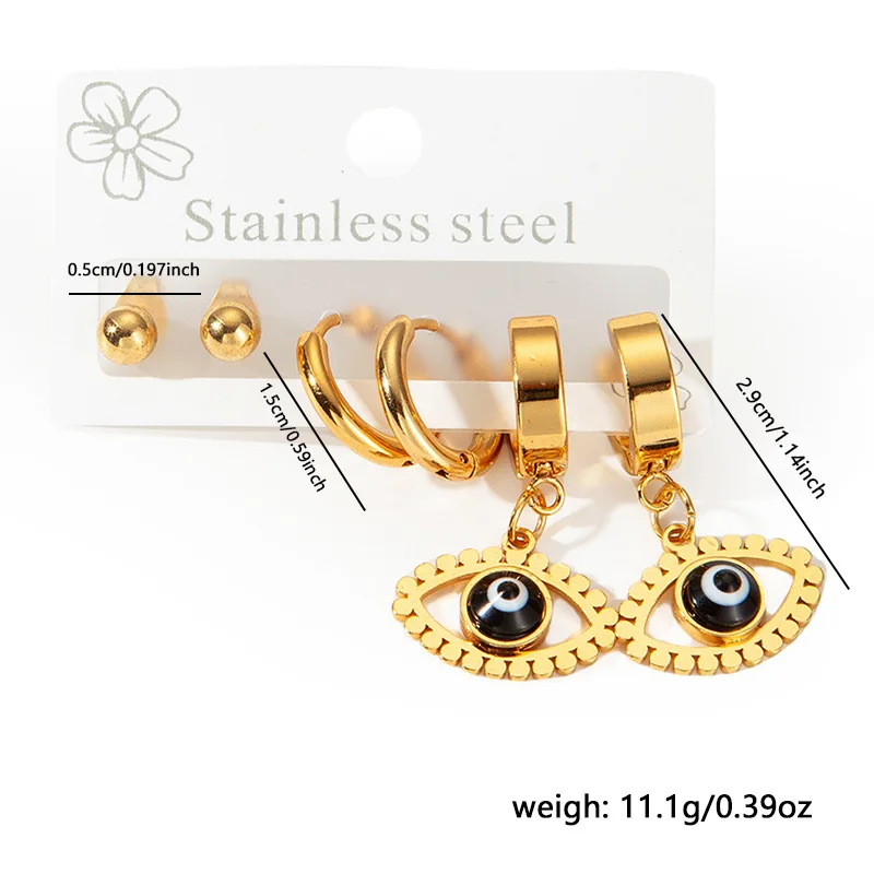 Chic Stylish Trendy 18K Gold Plated Stainless Steel Blue Turkish Eyes Earrings Jewelry 3Pair/Set Earrings For Women 8