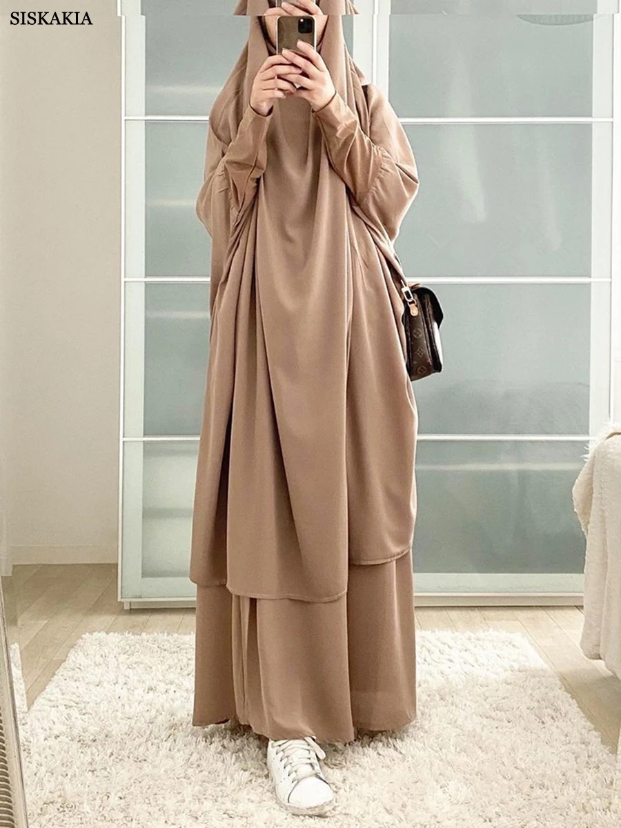 

Siskakia Hijab Muslim Ramadan Eid Women Prayer Set Solid Batwing Sleeve Casual Clothing With Scarf And Skirt Moroccan Saudi Robe