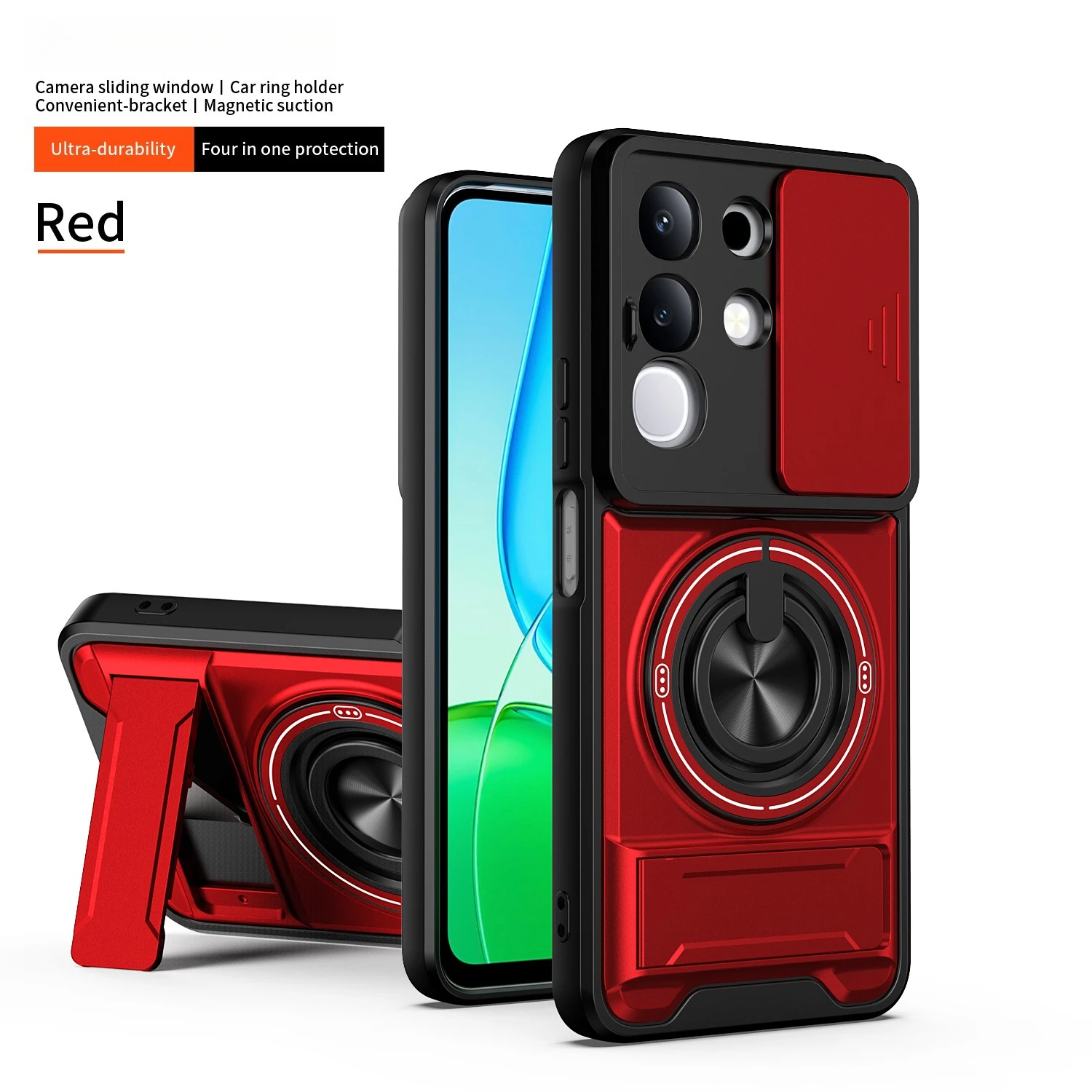 Camera Sliding Cover Phone Case with Double Bracket and Magnetic Ring Protection