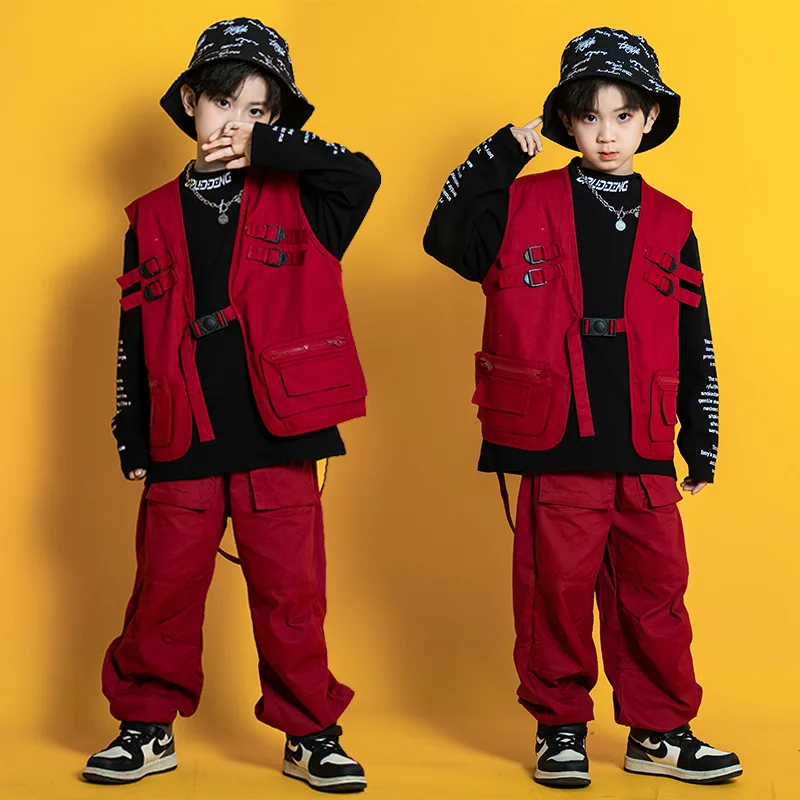 

Kid Hip Hop Clothing Wine Red Shirt Tactical Vest Top Wide Casual Street Cargo Jogger Pants for Girl Boy Dance Costume Clothes