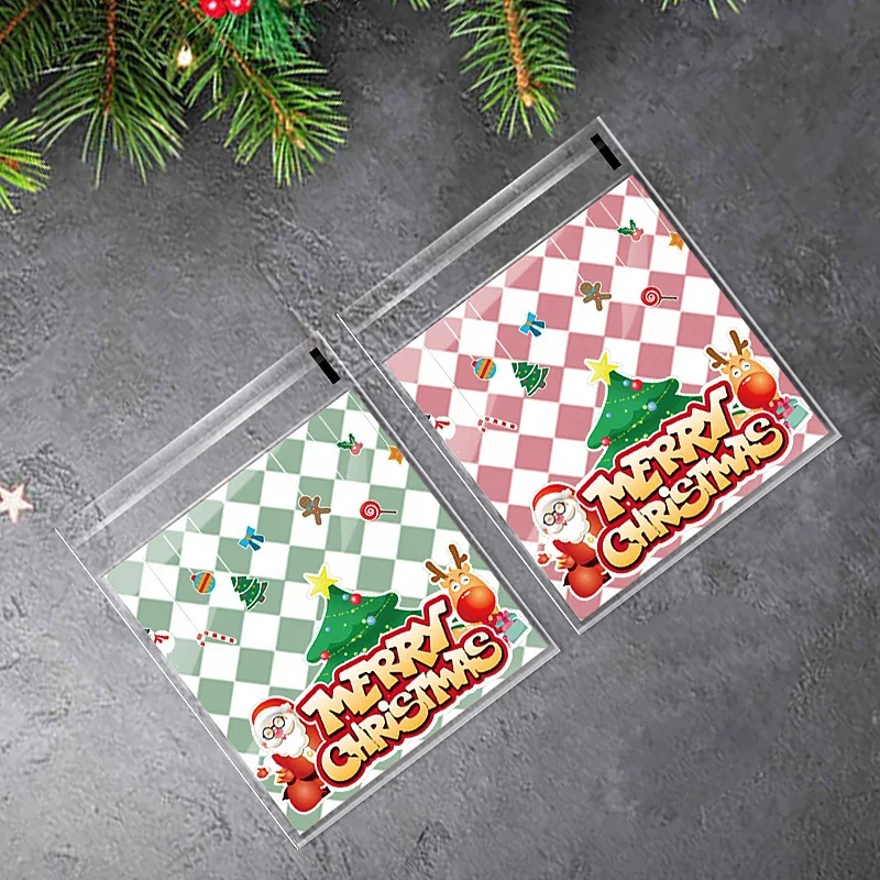 100pcs Christmas Candy Cookie Bags Self-Adhesive Candy Cellophane Bags Xmas Party Decoration Navidad Gift Packaging Bag Supplies