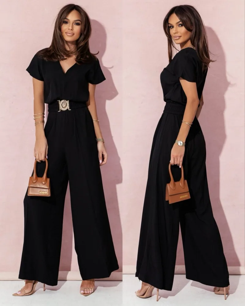 Women's New Sexy and Fashionable Vacation Style Casual Commuting Countryside Style Versatile Sweet Solid Color V-neck Jumpsuit