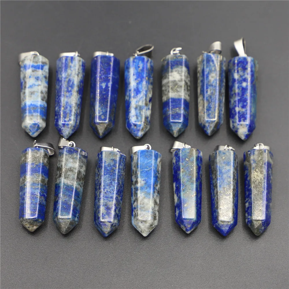 Hot Natural Lazurite Lapis Lazuli Stone Point Pillar Pendants Charms Penduloum Hexagonal Column for Women Jewelry 32x10mm 12pcs