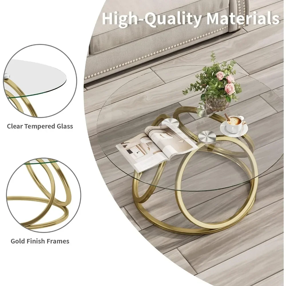 Round Coffee Table, Modern Silver Coffee Table Living Room Table with Ring-Shaped Frames, Glass Coffee Table for Home&Office 4