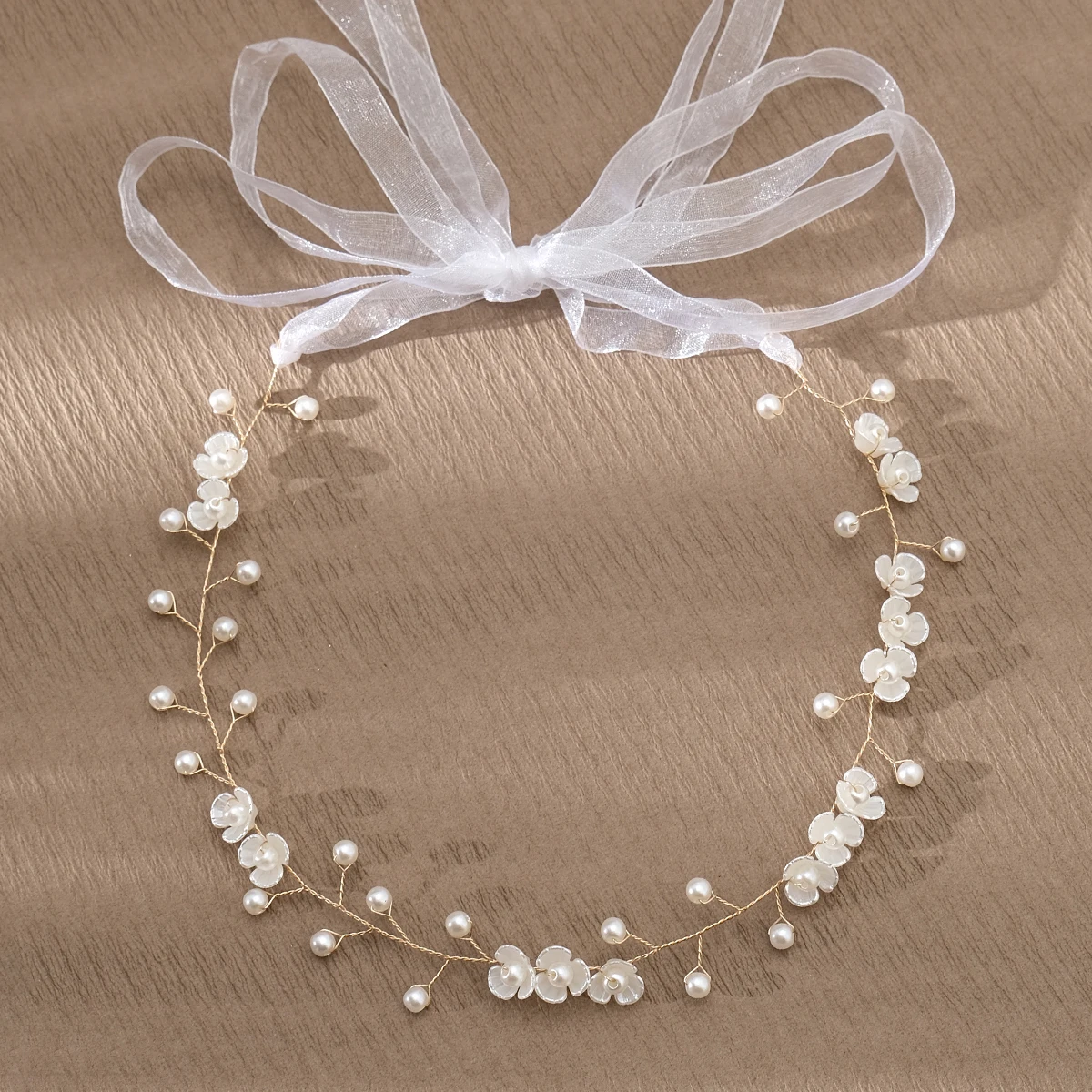Brianna Cannon White & Tan Woven Headband with Flowers & Pearls