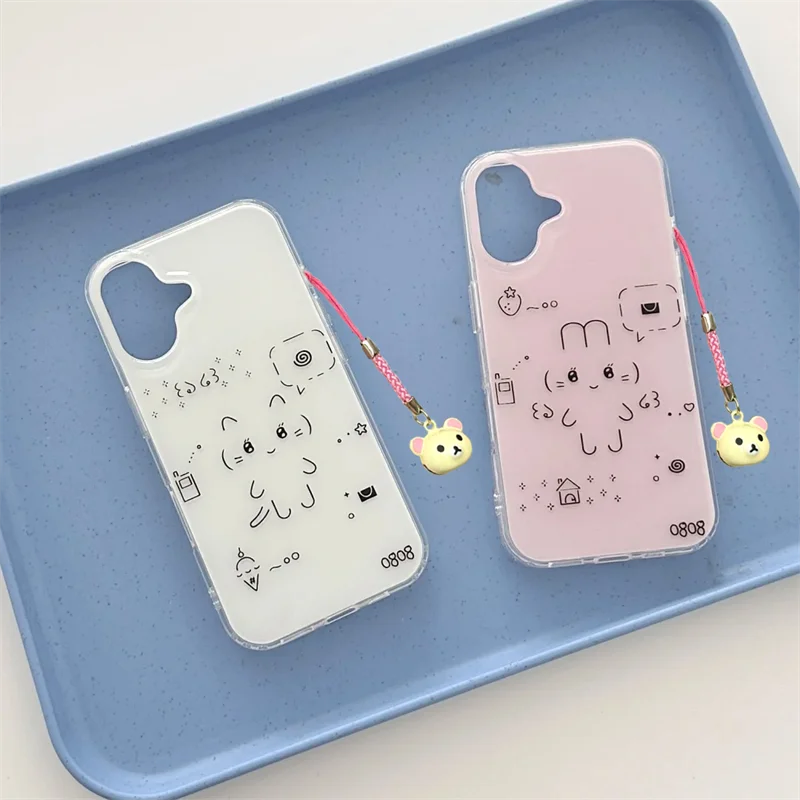 Bunte Katzen- und Kaninchen-Emoji-Handyhülle mit kleinem Bärenanhänger für iPhone 11, 12, 13, 14, 15, 16 Pro Max