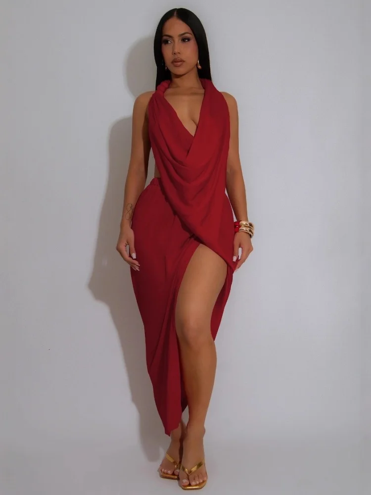 wmstar dress women wholesale Deep V neck beaded halter sexy high slit solid color pleated luxury birthday dress woman sexy