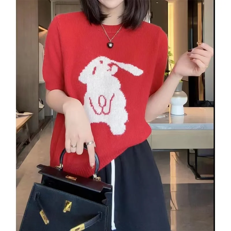 

Korean Knitted T-Shirt Women Rabbit Jacquard Knit Loose Casual Tops
