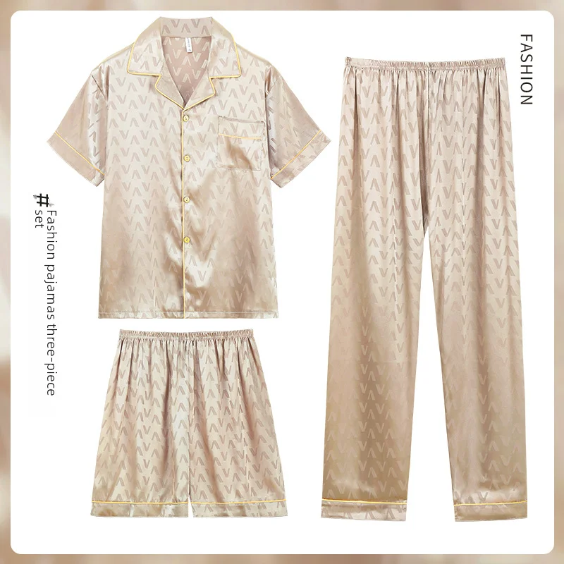 Summer Pajamas Men's Jacquard Ice Silk Short Sleeve Three-piece Set Casual Teenager Simulation Silk Home Wear Outerwear