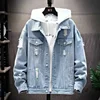 Men Denim Jacket 2025 Ripped Hole Single Breasted Coats Spliced Outerwear Jackets Pockets Casual Loose Washed Distressed