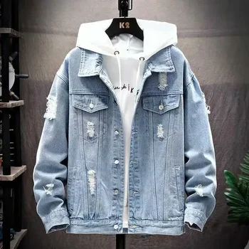 Men Denim Jacket 2025 Ripped Hole Single Breasted Coats Spliced Outerwear Jackets Pockets Casual Loose Washed Distressed 1
